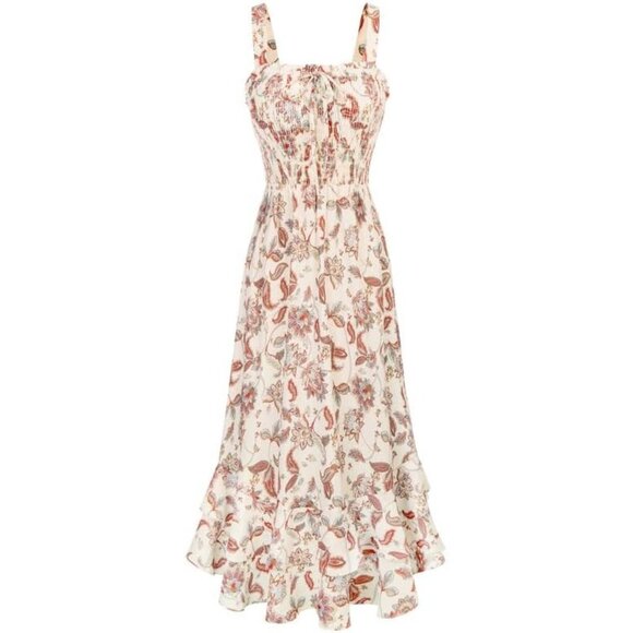 Women's Brown Summer Floral Boho Dress Square Neck Long Maxi Dress